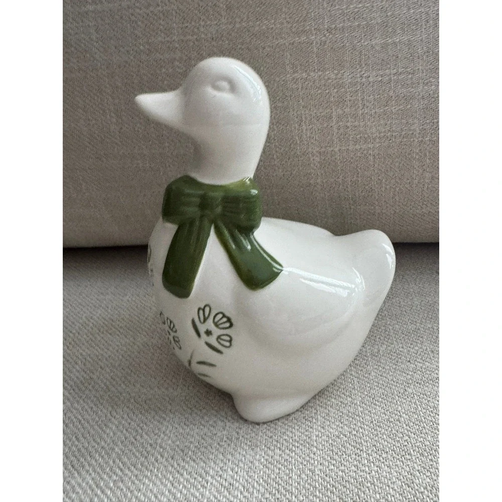 Ceramic Duck Figurine White Green Floral Embossed Cottagecore Decor 6 inch